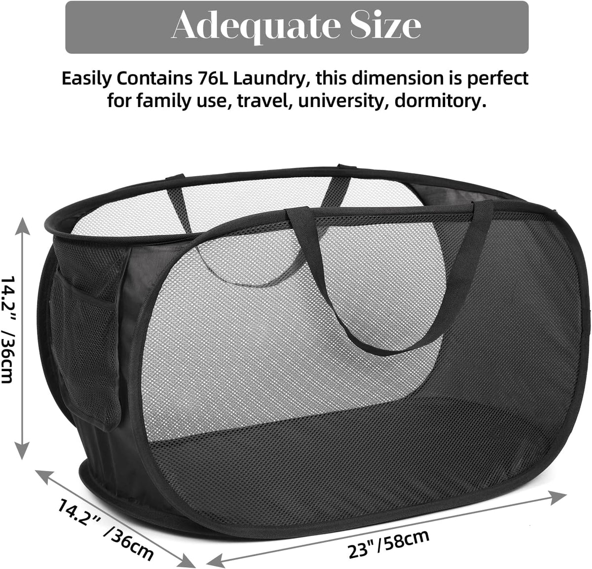 Durable Collapsible Laundry Baskets, Mesh Pop Up Laundry Hamper with Side Pocket, Foldable Clothes Storage Hamper with Reinforced Carry Handles for Laundry, Bathroom, Kids Room, Dorm or Travel Grey