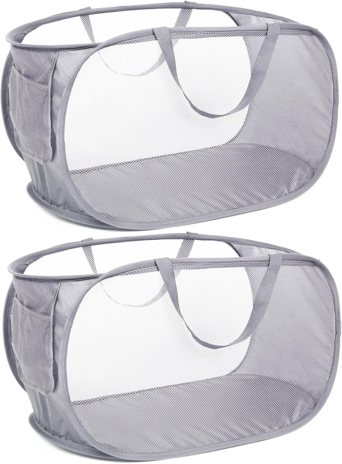 Durable Collapsible Laundry Baskets, Mesh Pop Up Laundry Hamper with Side Pocket, Foldable Clothes Storage Hamper with Reinforced Carry Handles for Laundry, Bathroom, Kids Room, Dorm or Travel Grey