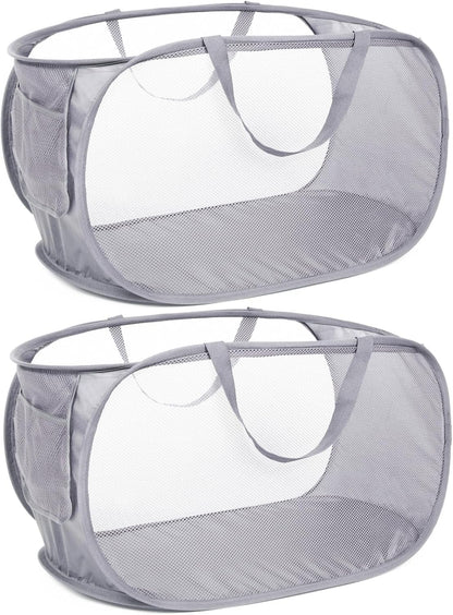 Durable Collapsible Laundry Baskets, Mesh Pop Up Laundry Hamper with Side Pocket, Foldable Clothes Storage Hamper with Reinforced Carry Handles for Laundry, Bathroom, Kids Room, Dorm or Travel Grey
