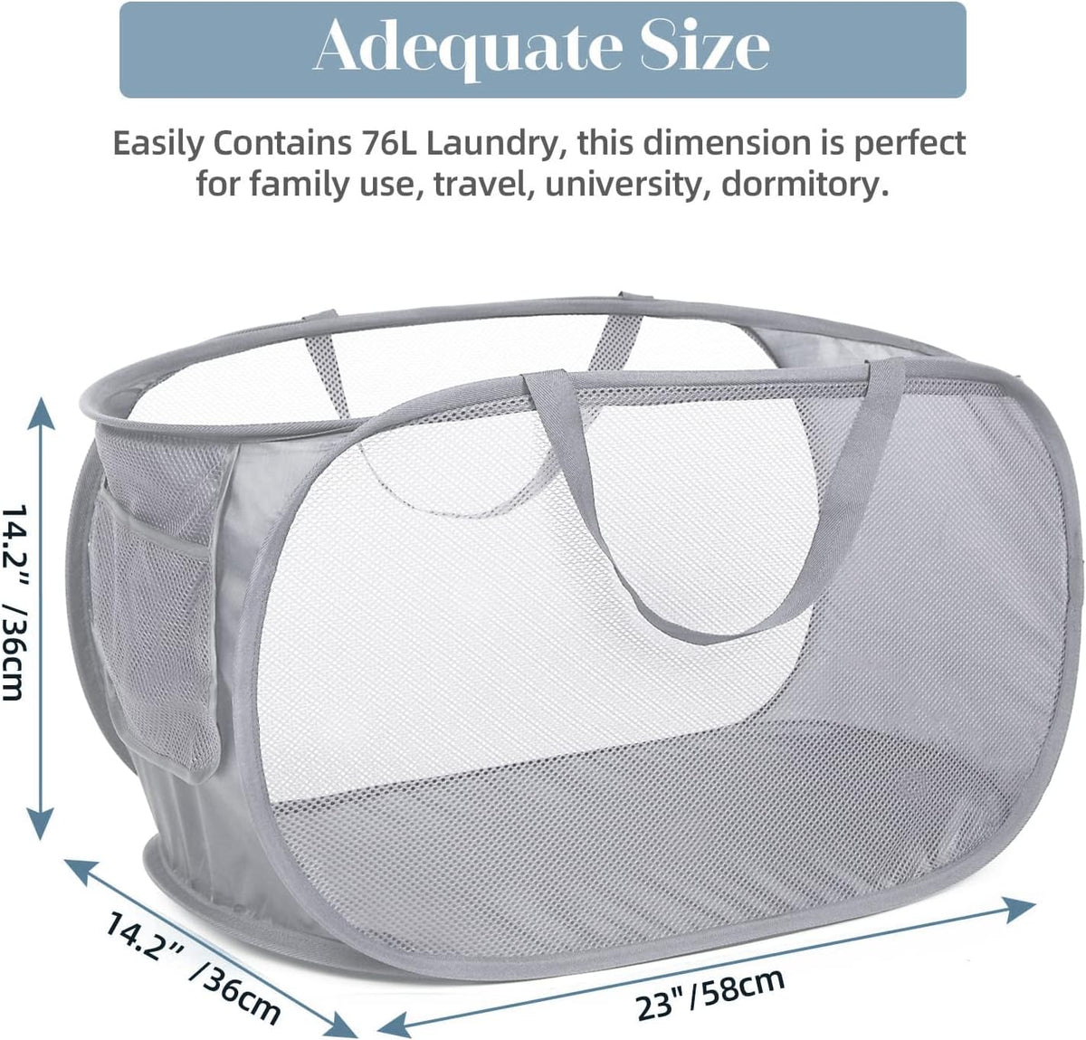Durable Collapsible Laundry Baskets, Mesh Pop Up Laundry Hamper with Side Pocket, Foldable Clothes Storage Hamper with Reinforced Carry Handles for Laundry, Bathroom, Kids Room, Dorm or Travel Grey