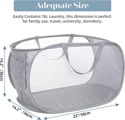 Durable Collapsible Laundry Baskets, Mesh Pop Up Laundry Hamper with Side Pocket, Foldable Clothes Storage Hamper with Reinforced Carry Handles for Laundry, Bathroom, Kids Room, Dorm or Travel Grey