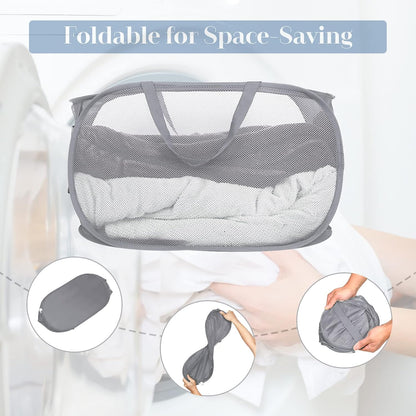 Durable Collapsible Laundry Baskets, Mesh Pop Up Laundry Hamper with Side Pocket, Foldable Clothes Storage Hamper with Reinforced Carry Handles for Laundry, Bathroom, Kids Room, Dorm or Travel Grey