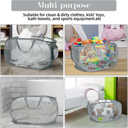 Durable Collapsible Laundry Baskets, Mesh Pop Up Laundry Hamper with Side Pocket, Foldable Clothes Storage Hamper with Reinforced Carry Handles for Laundry, Bathroom, Kids Room, Dorm or Travel Grey