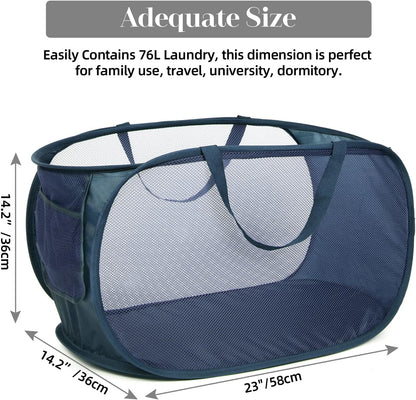 Durable Collapsible Laundry Baskets, Mesh Pop Up Laundry Hamper with Side Pocket, Foldable Clothes Storage Hamper with Reinforced Carry Handles for Laundry, Bathroom, Kids Room, Dorm or Travel Grey