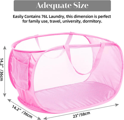 Durable Collapsible Laundry Baskets, Mesh Pop Up Laundry Hamper with Side Pocket, Foldable Clothes Storage Hamper with Reinforced Carry Handles for Laundry, Bathroom, Kids Room, Dorm or Travel Grey