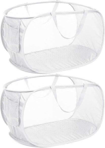 Durable Collapsible Laundry Baskets, Mesh Pop Up Laundry Hamper with Side Pocket, Foldable Clothes Storage Hamper with Reinforced Carry Handles for Laundry, Bathroom, Kids Room, Dorm or Travel Grey