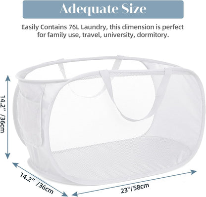 Durable Collapsible Laundry Baskets, Mesh Pop Up Laundry Hamper with Side Pocket, Foldable Clothes Storage Hamper with Reinforced Carry Handles for Laundry, Bathroom, Kids Room, Dorm or Travel Grey