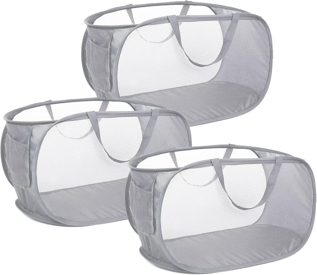 Durable Collapsible Laundry Baskets, Mesh Pop Up Laundry Hamper with Side Pocket, Foldable Clothes Storage Hamper with Reinforced Carry Handles for Laundry, Bathroom, Kids Room, Dorm or Travel Grey