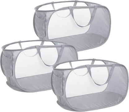 Durable Collapsible Laundry Baskets, Mesh Pop Up Laundry Hamper with Side Pocket, Foldable Clothes Storage Hamper with Reinforced Carry Handles for Laundry, Bathroom, Kids Room, Dorm or Travel Grey