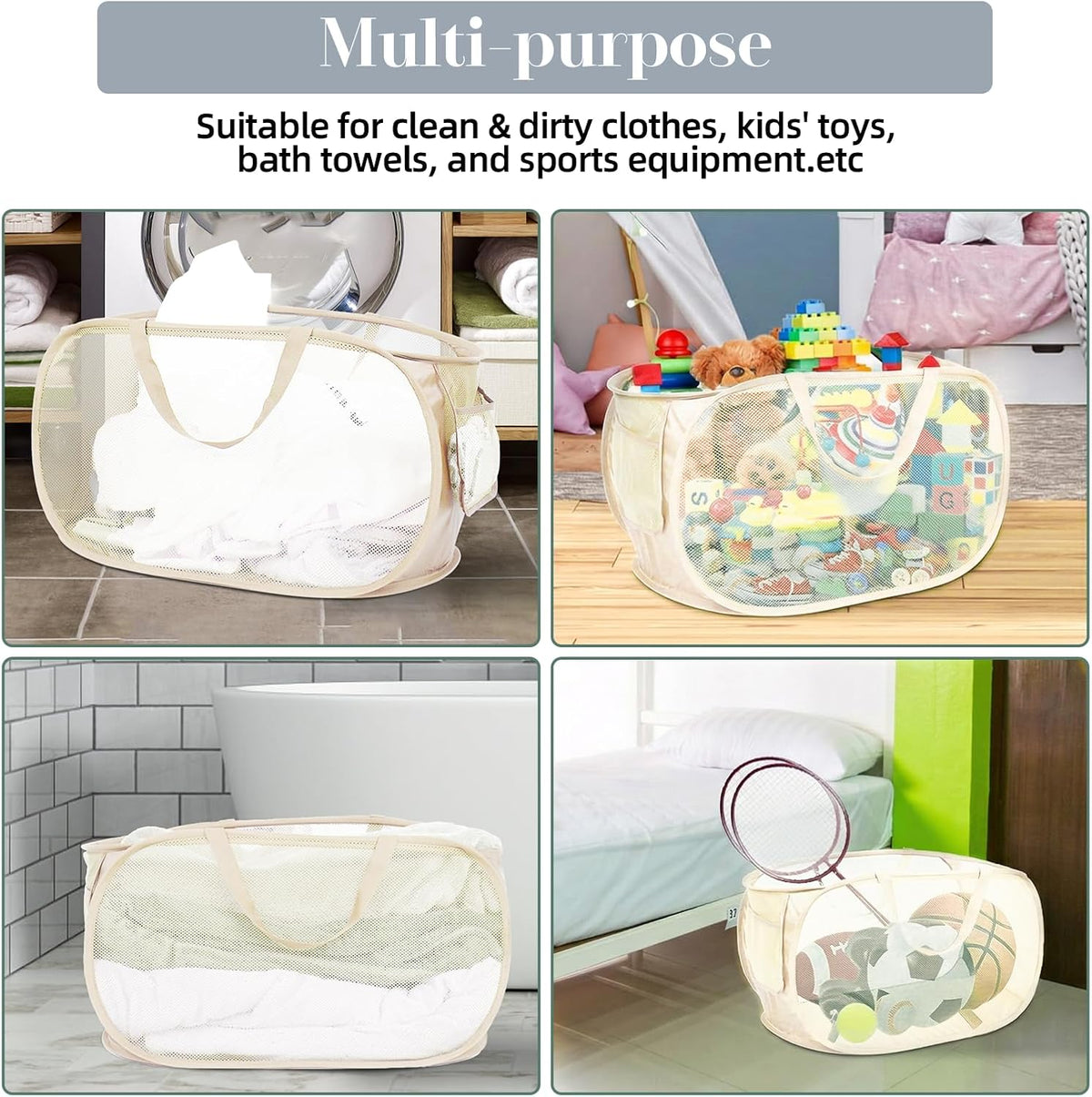 Durable Collapsible Laundry Baskets, Mesh Pop Up Laundry Hamper with Side Pocket, Foldable Clothes Storage Hamper with Reinforced Carry Handles for Laundry, Bathroom, Kids Room, Dorm or Travel Grey