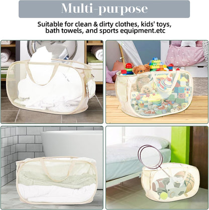 Durable Collapsible Laundry Baskets, Mesh Pop Up Laundry Hamper with Side Pocket, Foldable Clothes Storage Hamper with Reinforced Carry Handles for Laundry, Bathroom, Kids Room, Dorm or Travel Grey