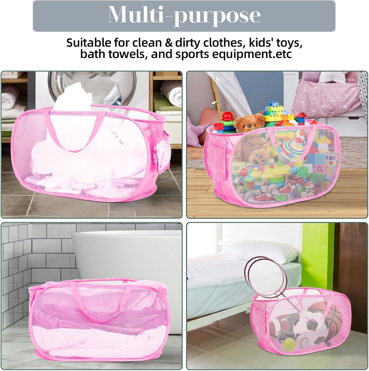 Durable Collapsible Laundry Baskets, Mesh Pop Up Laundry Hamper with Side Pocket, Foldable Clothes Storage Hamper with Reinforced Carry Handles for Laundry, Bathroom, Kids Room, Dorm or Travel Grey