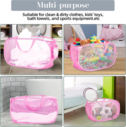 Durable Collapsible Laundry Baskets, Mesh Pop Up Laundry Hamper with Side Pocket, Foldable Clothes Storage Hamper with Reinforced Carry Handles for Laundry, Bathroom, Kids Room, Dorm or Travel Grey