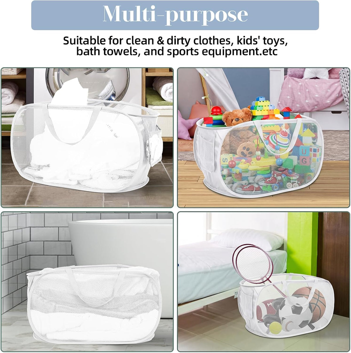 Durable Collapsible Laundry Baskets, Mesh Pop Up Laundry Hamper with Side Pocket, Foldable Clothes Storage Hamper with Reinforced Carry Handles for Laundry, Bathroom, Kids Room, Dorm or Travel Grey