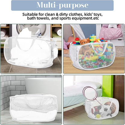Durable Collapsible Laundry Baskets, Mesh Pop Up Laundry Hamper with Side Pocket, Foldable Clothes Storage Hamper with Reinforced Carry Handles for Laundry, Bathroom, Kids Room, Dorm or Travel Grey