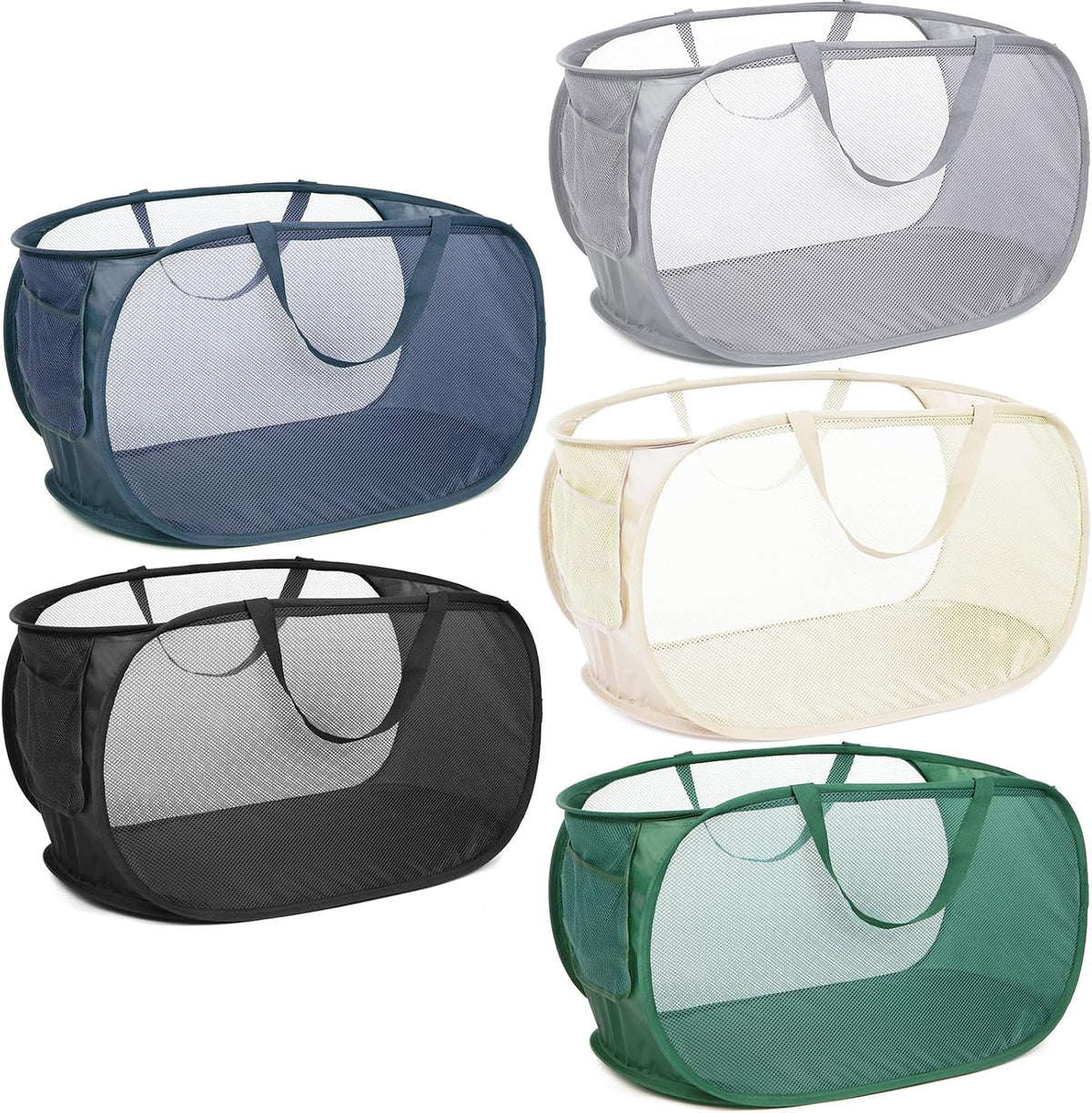 Durable Collapsible Laundry Baskets, Mesh Pop Up Laundry Hamper with Side Pocket, Foldable Clothes Storage Hamper with Reinforced Carry Handles for Laundry, Bathroom, Kids Room, Dorm or Travel Grey
