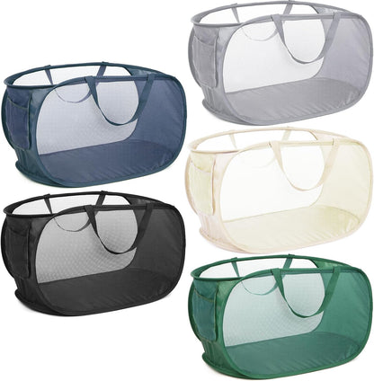 Durable Collapsible Laundry Baskets, Mesh Pop Up Laundry Hamper with Side Pocket, Foldable Clothes Storage Hamper with Reinforced Carry Handles for Laundry, Bathroom, Kids Room, Dorm or Travel Grey