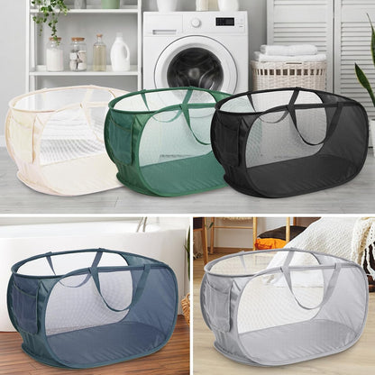 Durable Collapsible Laundry Baskets, Mesh Pop Up Laundry Hamper with Side Pocket, Foldable Clothes Storage Hamper with Reinforced Carry Handles for Laundry, Bathroom, Kids Room, Dorm or Travel Grey