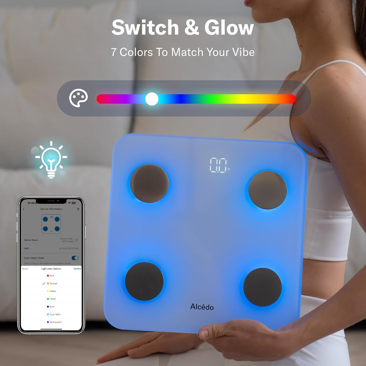 Smart Body Fat Scale, Color-Changing Scale, Bluetooth, White