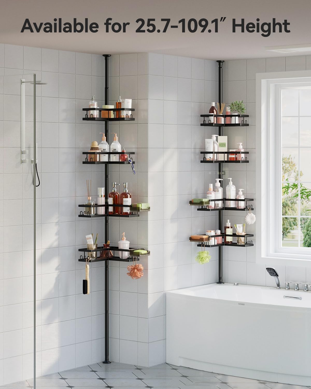 Corner Shower Caddy Tension Pole, 25.7-109.1in Adjustable Shower Shelves, Rust-Resistant Shower Organizer, No-Drill 3-Step Installation, Bathroom Shelves for Renters & Family, Black