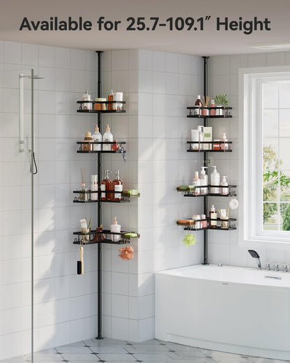 Corner Shower Caddy Tension Pole, 25.7-109.1in Adjustable Shower Shelves, Rust-Resistant Shower Organizer, No-Drill 3-Step Installation, Bathroom Shelves for Renters & Family, Black