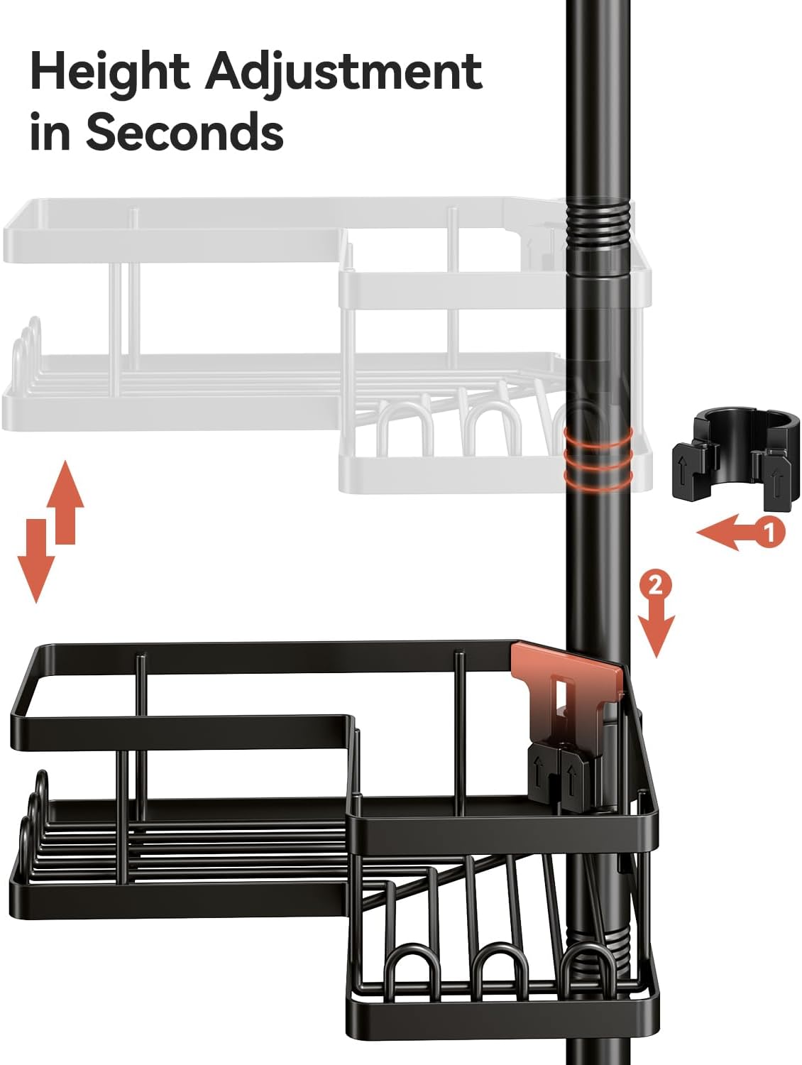 Corner Shower Caddy Tension Pole, 25.7-109.1in Adjustable Shower Shelves, Rust-Resistant Shower Organizer, No-Drill 3-Step Installation, Bathroom Shelves for Renters & Family, Black
