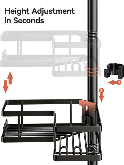 Corner Shower Caddy Tension Pole, 25.7-109.1in Adjustable Shower Shelves, Rust-Resistant Shower Organizer, No-Drill 3-Step Installation, Bathroom Shelves for Renters & Family, Black