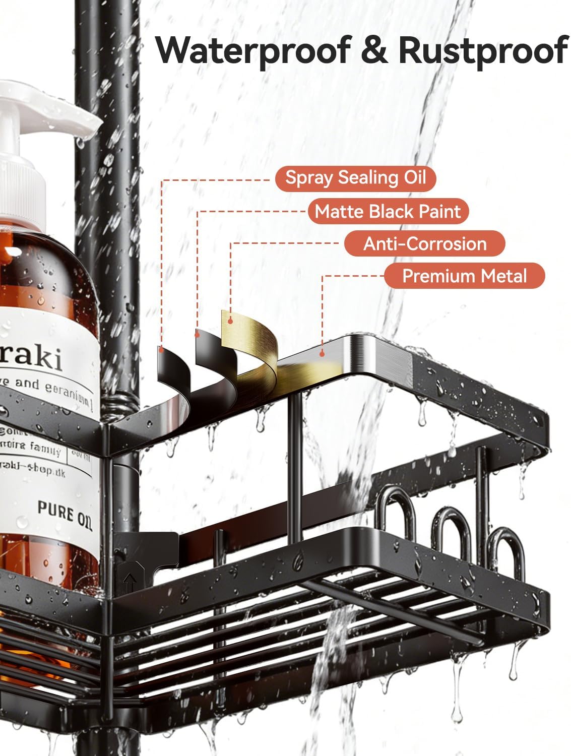 Corner Shower Caddy Tension Pole, 25.7-109.1in Adjustable Shower Shelves, Rust-Resistant Shower Organizer, No-Drill 3-Step Installation, Bathroom Shelves for Renters & Family, Black