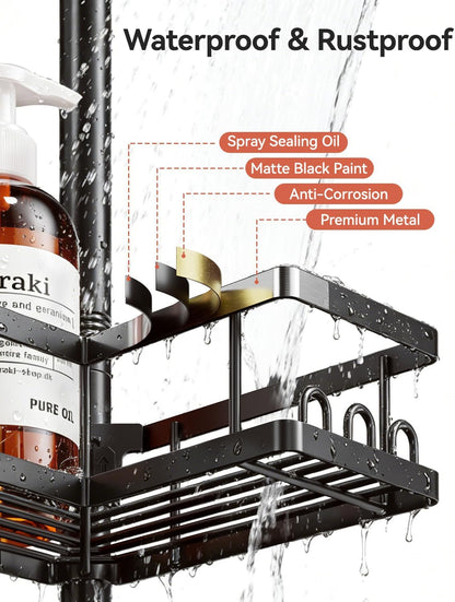Corner Shower Caddy Tension Pole, 25.7-109.1in Adjustable Shower Shelves, Rust-Resistant Shower Organizer, No-Drill 3-Step Installation, Bathroom Shelves for Renters & Family, Black