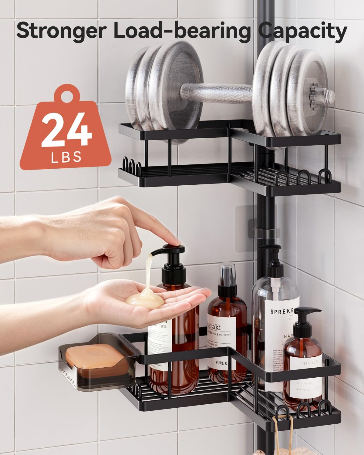 Corner Shower Caddy Tension Pole, 25.7-109.1in Adjustable Shower Shelves, Rust-Resistant Shower Organizer, No-Drill 3-Step Installation, Bathroom Shelves for Renters & Family, Black