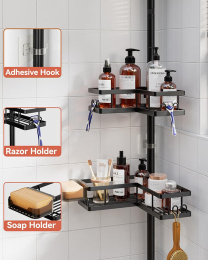 Corner Shower Caddy Tension Pole, 25.7-109.1in Adjustable Shower Shelves, Rust-Resistant Shower Organizer, No-Drill 3-Step Installation, Bathroom Shelves for Renters & Family, Black