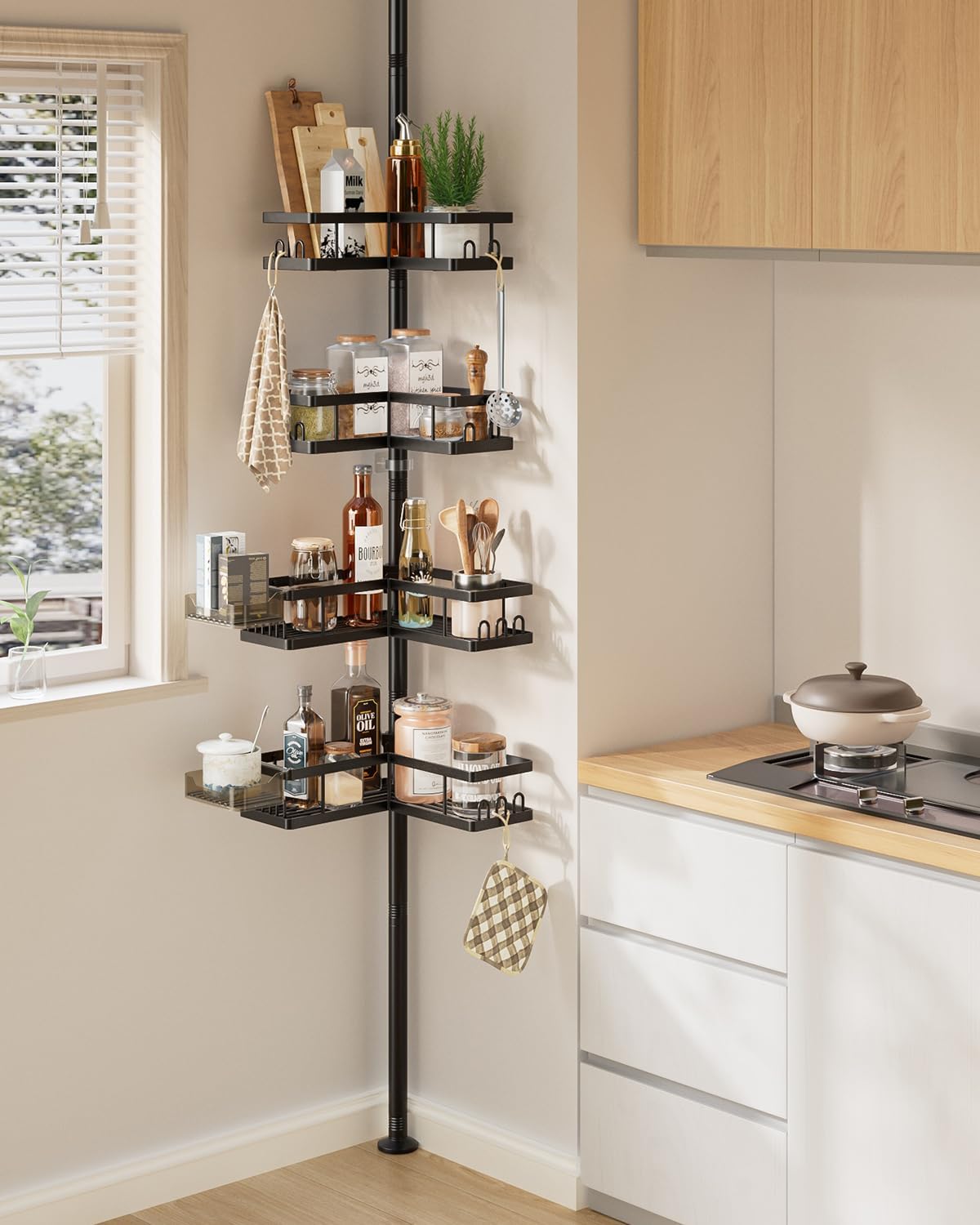 Corner Shower Caddy Tension Pole, 25.7-109.1in Adjustable Shower Shelves, Rust-Resistant Shower Organizer, No-Drill 3-Step Installation, Bathroom Shelves for Renters & Family, Black