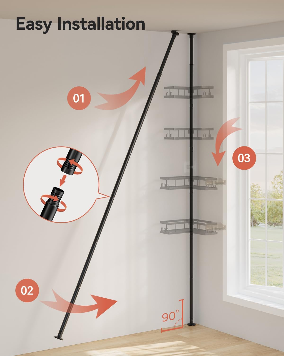 Corner Shower Caddy Tension Pole, 25.7-109.1in Adjustable Shower Shelves, Rust-Resistant Shower Organizer, No-Drill 3-Step Installation, Bathroom Shelves for Renters & Family, Black