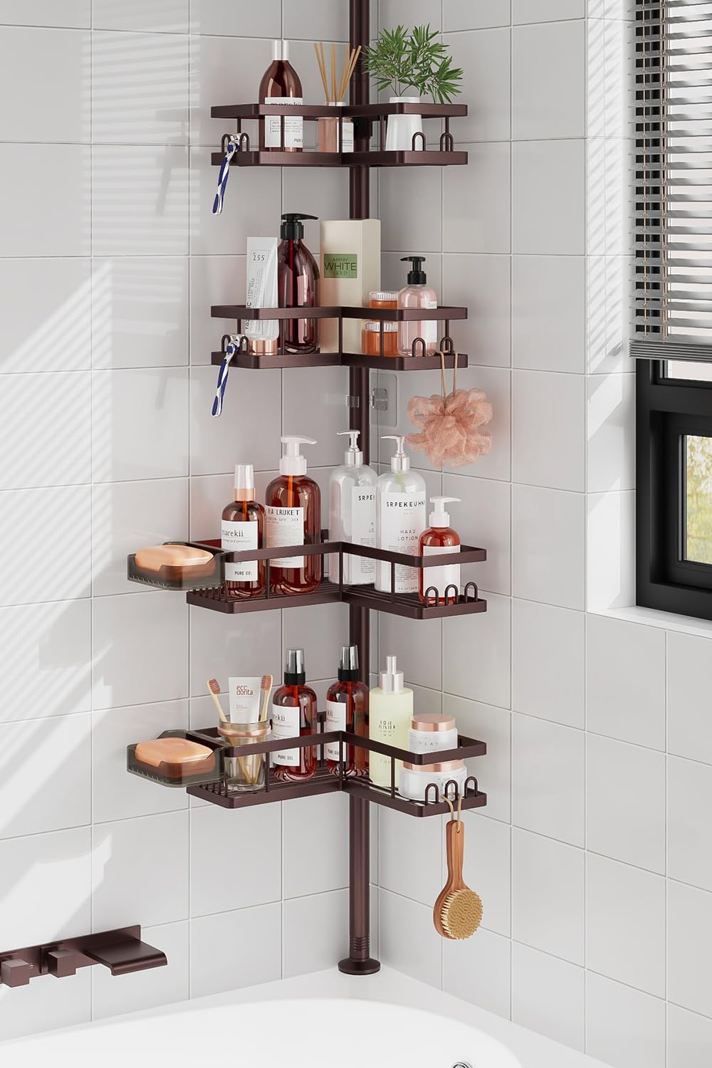 Corner Shower Caddy Tension Pole, 25.7-109.1in Adjustable Shower Shelves, Rust-Resistant Shower Organizer, No-Drill 3-Step Installation, Bathroom Shelves for Renters & Family, Black