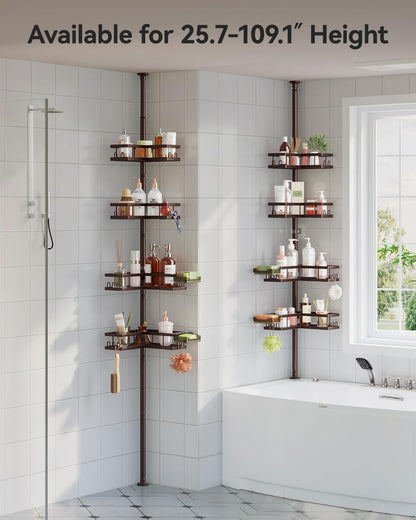 Corner Shower Caddy Tension Pole, 25.7-109.1in Adjustable Shower Shelves, Rust-Resistant Shower Organizer, No-Drill 3-Step Installation, Bathroom Shelves for Renters & Family, Black