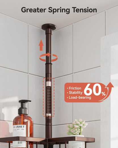 Corner Shower Caddy Tension Pole, 25.7-109.1in Adjustable Shower Shelves, Rust-Resistant Shower Organizer, No-Drill 3-Step Installation, Bathroom Shelves for Renters & Family, Black