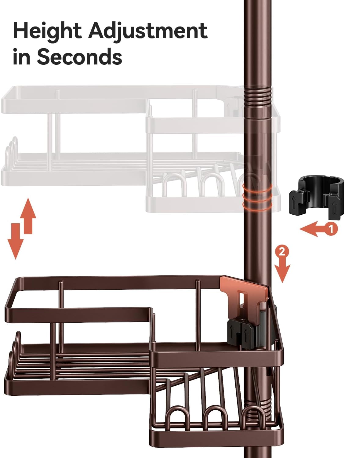 Corner Shower Caddy Tension Pole, 25.7-109.1in Adjustable Shower Shelves, Rust-Resistant Shower Organizer, No-Drill 3-Step Installation, Bathroom Shelves for Renters & Family, Black