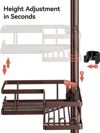 Corner Shower Caddy Tension Pole, 25.7-109.1in Adjustable Shower Shelves, Rust-Resistant Shower Organizer, No-Drill 3-Step Installation, Bathroom Shelves for Renters & Family, Black