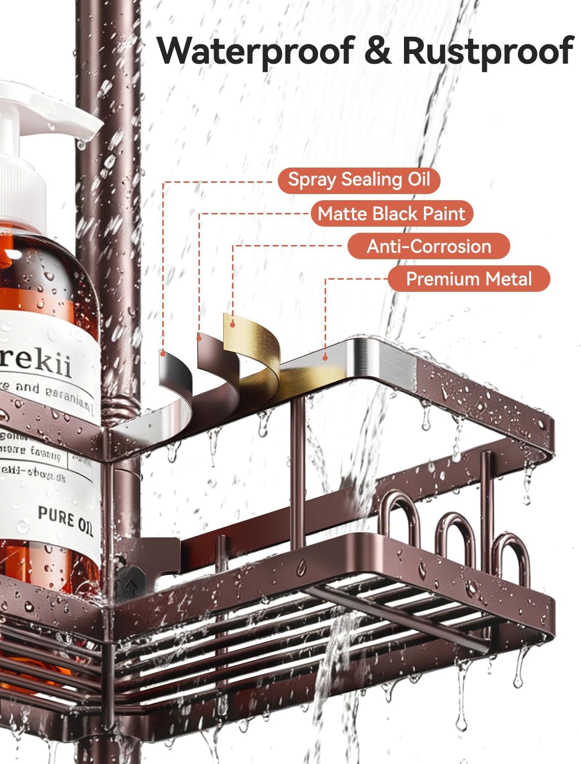 Corner Shower Caddy Tension Pole, 25.7-109.1in Adjustable Shower Shelves, Rust-Resistant Shower Organizer, No-Drill 3-Step Installation, Bathroom Shelves for Renters & Family, Black