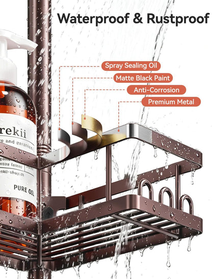 Corner Shower Caddy Tension Pole, 25.7-109.1in Adjustable Shower Shelves, Rust-Resistant Shower Organizer, No-Drill 3-Step Installation, Bathroom Shelves for Renters & Family, Black