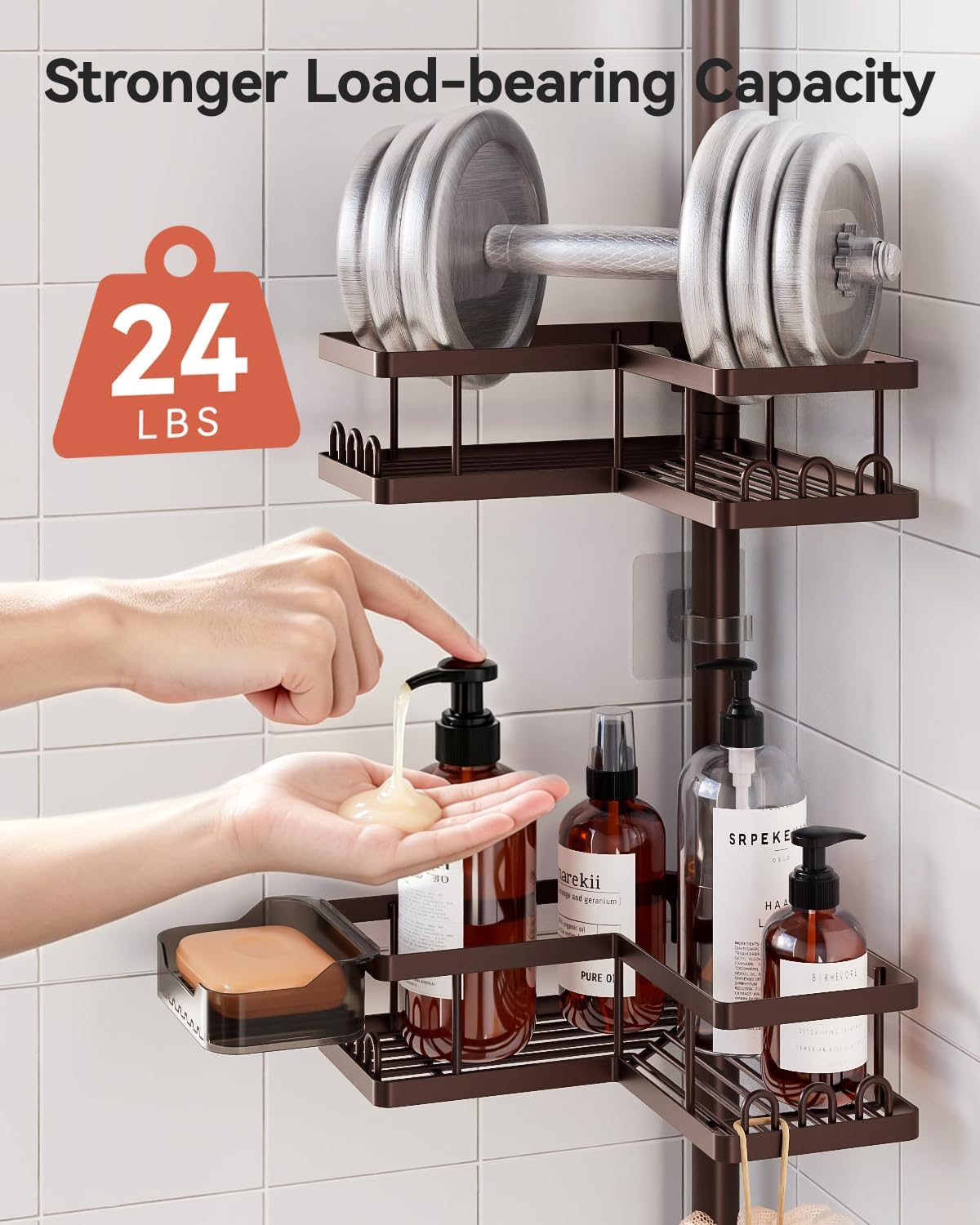 Corner Shower Caddy Tension Pole, 25.7-109.1in Adjustable Shower Shelves, Rust-Resistant Shower Organizer, No-Drill 3-Step Installation, Bathroom Shelves for Renters & Family, Black