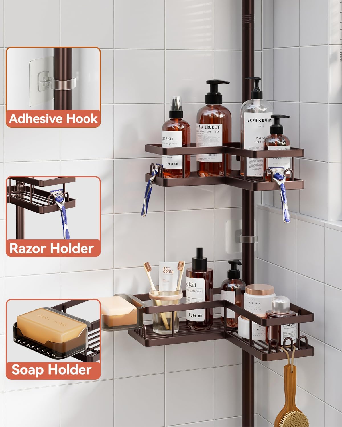 Corner Shower Caddy Tension Pole, 25.7-109.1in Adjustable Shower Shelves, Rust-Resistant Shower Organizer, No-Drill 3-Step Installation, Bathroom Shelves for Renters & Family, Black