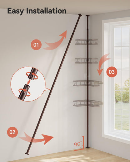 Corner Shower Caddy Tension Pole, 25.7-109.1in Adjustable Shower Shelves, Rust-Resistant Shower Organizer, No-Drill 3-Step Installation, Bathroom Shelves for Renters & Family, Black