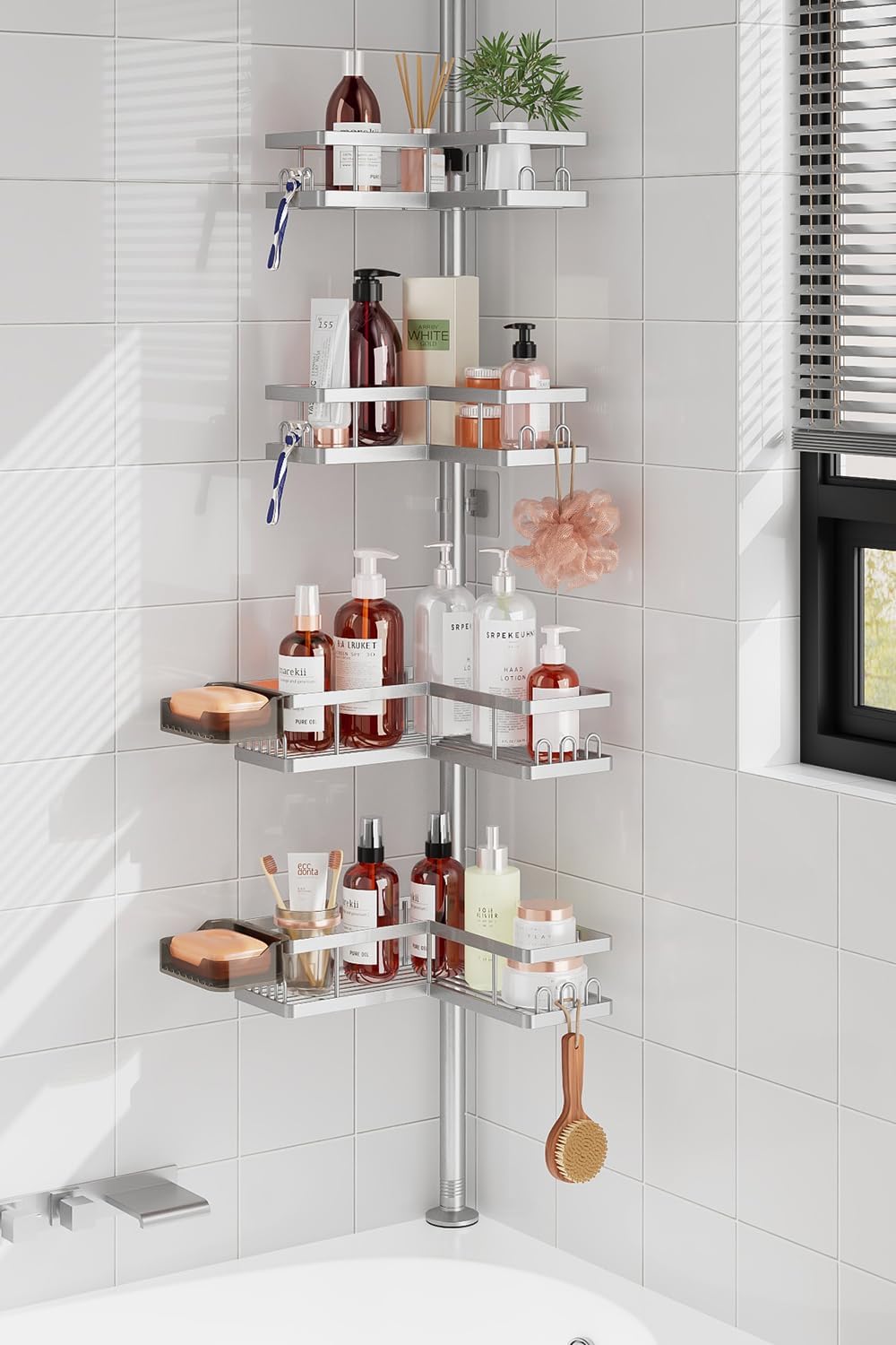 Corner Shower Caddy Tension Pole, 25.7-109.1in Adjustable Shower Shelves, Rust-Resistant Shower Organizer, No-Drill 3-Step Installation, Bathroom Shelves for Renters & Family, Black