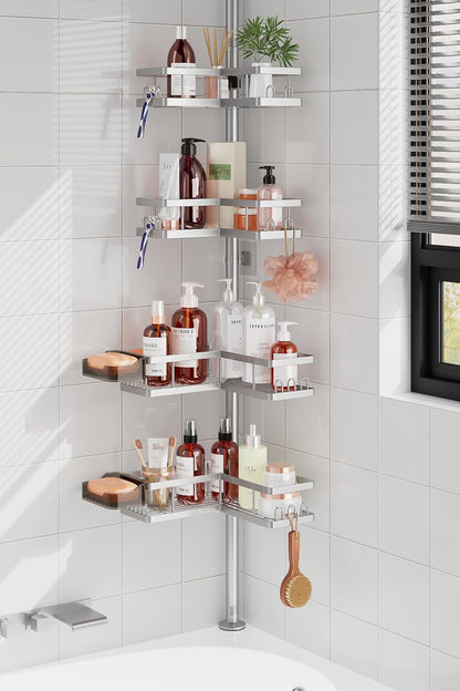 Corner Shower Caddy Tension Pole, 25.7-109.1in Adjustable Shower Shelves, Rust-Resistant Shower Organizer, No-Drill 3-Step Installation, Bathroom Shelves for Renters & Family, Black