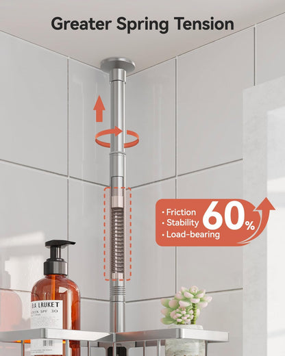 Corner Shower Caddy Tension Pole, 25.7-109.1in Adjustable Shower Shelves, Rust-Resistant Shower Organizer, No-Drill 3-Step Installation, Bathroom Shelves for Renters & Family, Black