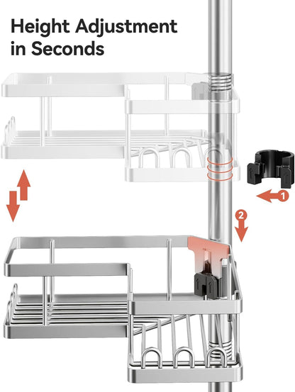Corner Shower Caddy Tension Pole, 25.7-109.1in Adjustable Shower Shelves, Rust-Resistant Shower Organizer, No-Drill 3-Step Installation, Bathroom Shelves for Renters & Family, Black