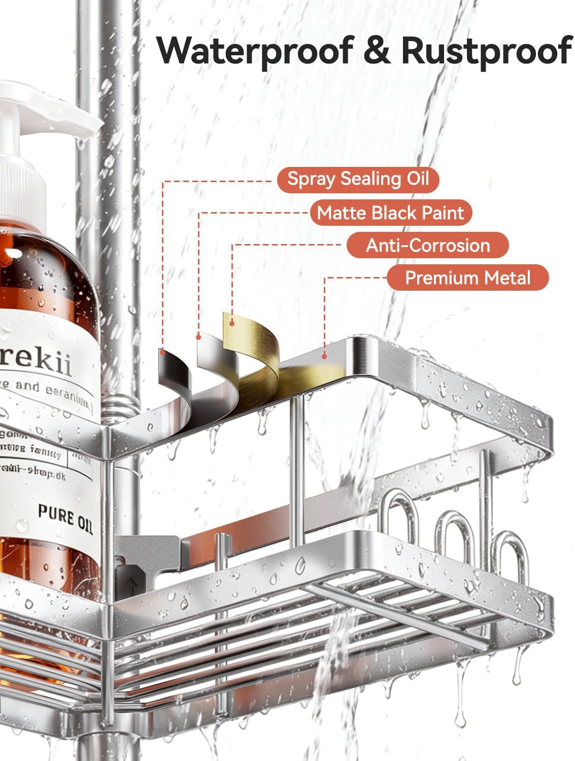 Corner Shower Caddy Tension Pole, 25.7-109.1in Adjustable Shower Shelves, Rust-Resistant Shower Organizer, No-Drill 3-Step Installation, Bathroom Shelves for Renters & Family, Black