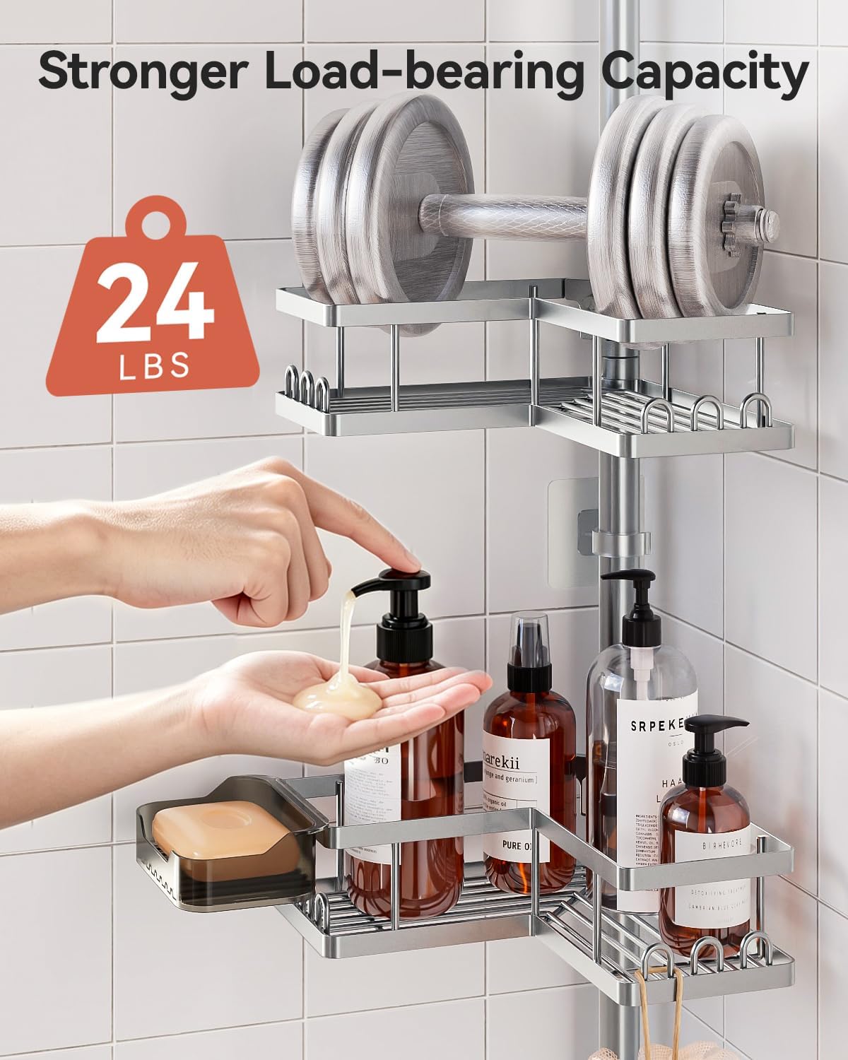 Corner Shower Caddy Tension Pole, 25.7-109.1in Adjustable Shower Shelves, Rust-Resistant Shower Organizer, No-Drill 3-Step Installation, Bathroom Shelves for Renters & Family, Black
