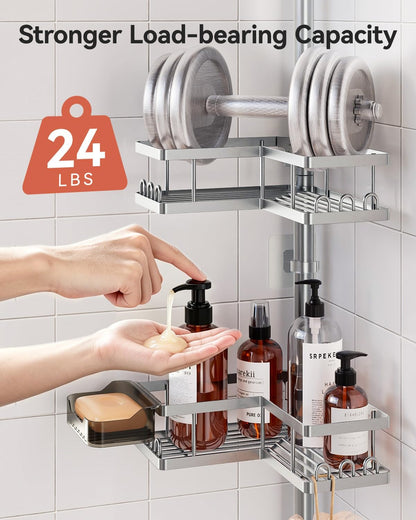 Corner Shower Caddy Tension Pole, 25.7-109.1in Adjustable Shower Shelves, Rust-Resistant Shower Organizer, No-Drill 3-Step Installation, Bathroom Shelves for Renters & Family, Black